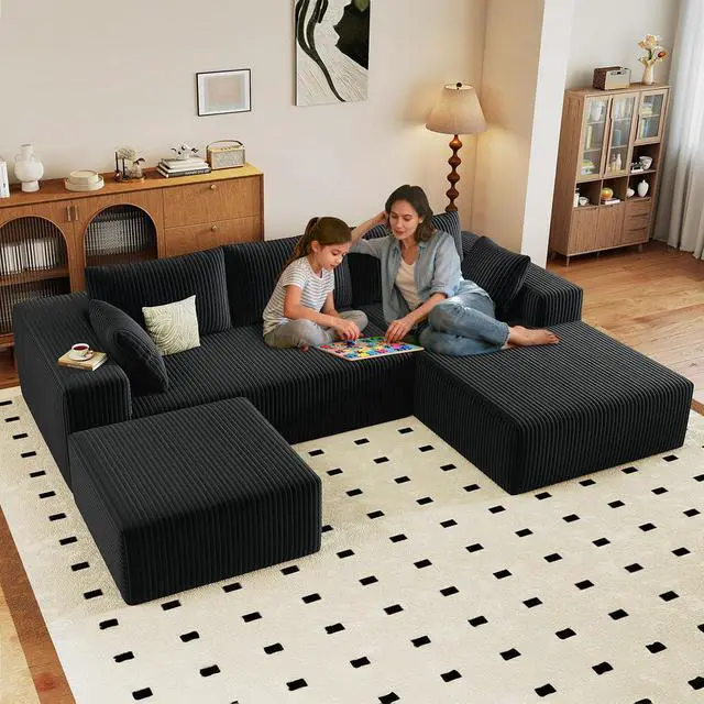 Alt view image 3 of 7 - 96" U Shaped Cloud Sectional Couch with Fluffy Corduroy, Deep Memory Foam Seats Sofa with 1 Ottoman for Living Room, No Assembly Required(Black,Right-Facing Chaise)