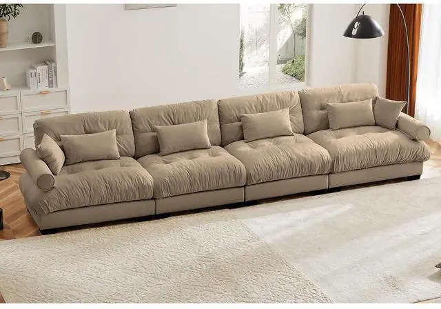 Main image of 166" Modular Sectional Sofa, Oversized 4-Seater Velvet Cloud Couch with Waist & Throw Pillows, Deep Seat Upholstered Sofa for Living Room, Bedroom & Small Spaces (Camel, 4-Seater)