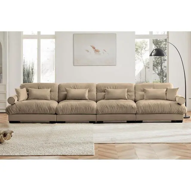 Alt view image 4 of 6 - 166" Modular Sectional Sofa, Oversized 4-Seater Velvet Cloud Couch with Waist & Throw Pillows, Deep Seat Upholstered Sofa for Living Room, Bedroom & Small Spaces (Camel, 4-Seater)