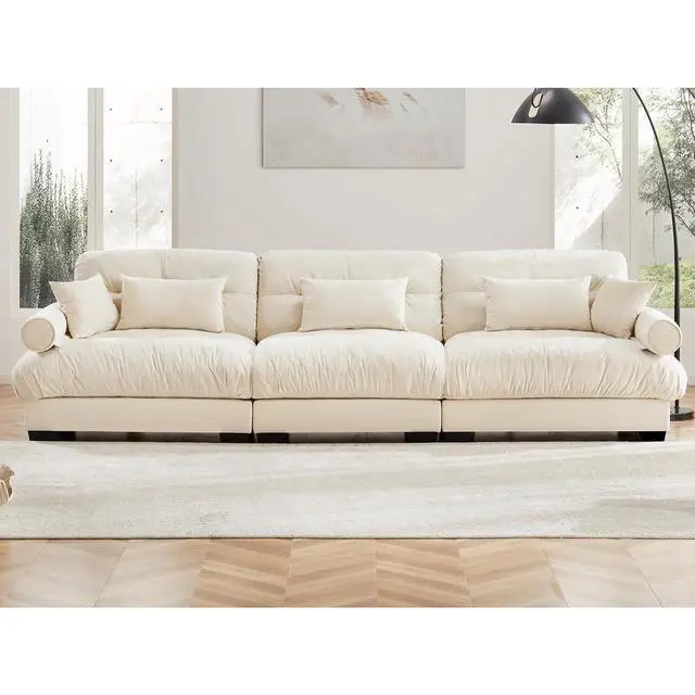 Alt view image 3 of 6 - 130" W Modular Sectional Sofa, Oversized 3-Seater Couch with Waist & Throw Pillows, Comfy Velvet Deep Seat Upholstered Sofa for Living Room, Apartment & Bedroom (Cream, 3-Seater)