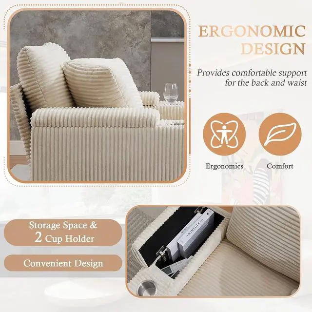 Alt view image 5 of 6 - 42.12" Oversized Chair with Ottoman,Chaise Lounge Chair Indoor with Ottoman & Storage,Comfy Corduroy Reading Chairs with Cup Holder for Bedroom & Living Room(Beige)