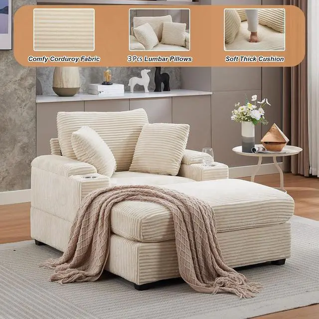 Alt view image 4 of 6 - 42.12" Oversized Chair with Ottoman,Chaise Lounge Chair Indoor with Ottoman & Storage,Comfy Corduroy Reading Chairs with Cup Holder for Bedroom & Living Room(Beige)