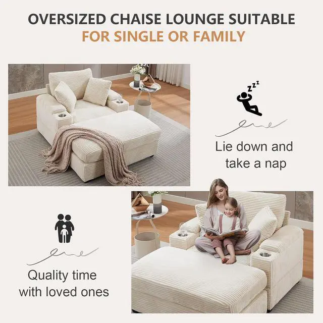 Alt view image 6 of 6 - 42.12" Oversized Chair with Ottoman,Chaise Lounge Chair Indoor with Ottoman & Storage,Comfy Corduroy Reading Chairs with Cup Holder for Bedroom & Living Room(Beige)