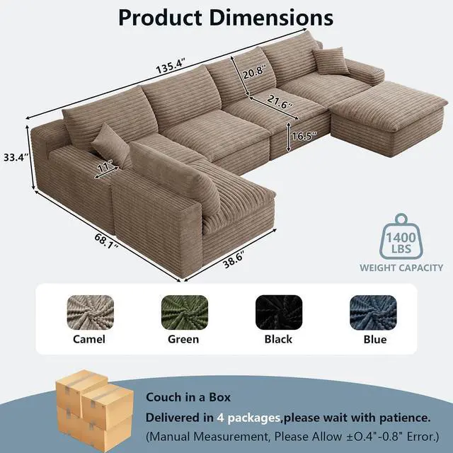 Alt view image 2 of 7 - 136" Cloud Sectional Couch with U-Shaped Chaise,5-Seater Corduroy Viral Boneless Sofa with Ottoman,Memory Foam Couches in a Box with Deep Seat for Living Room,No Assembly Required, Camel