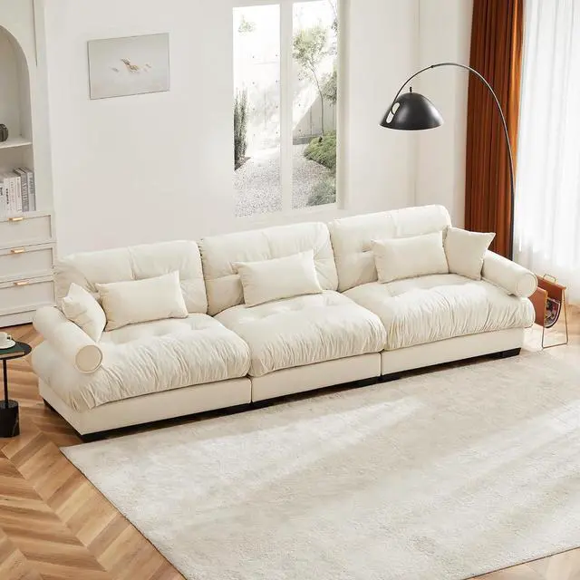 Main image of 130" W Modular Sectional Sofa, Oversized 3-Seater Couch with Waist & Throw Pillows, Comfy Velvet Deep Seat Upholstered Sofa for Living Room, Apartment & Bedroom (Cream, 3-Seater)