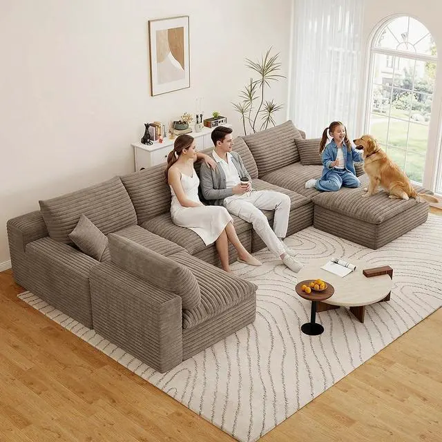 Main image of 136" Cloud Sectional Couch with U-Shaped Chaise,5-Seater Corduroy Viral Boneless Sofa with Ottoman,Memory Foam Couches in a Box with Deep Seat for Living Room,No Assembly Required, Camel