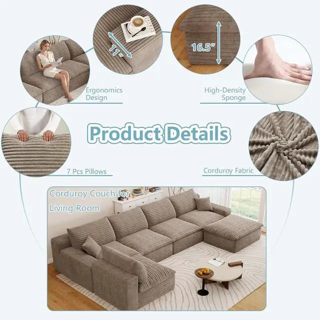 Alt view image 3 of 7 - 136" Cloud Sectional Couch with U-Shaped Chaise,5-Seater Corduroy Viral Boneless Sofa with Ottoman,Memory Foam Couches in a Box with Deep Seat for Living Room,No Assembly Required, Camel