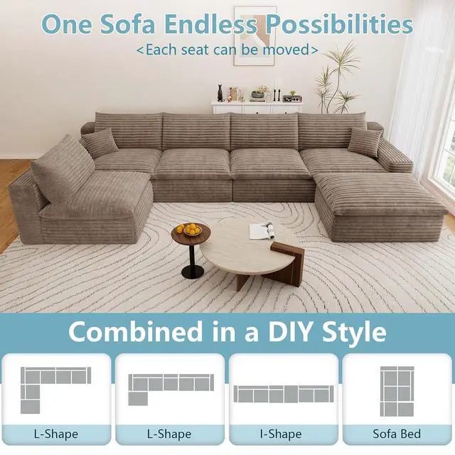 Alt view image 4 of 7 - 136" Cloud Sectional Couch with U-Shaped Chaise,5-Seater Corduroy Viral Boneless Sofa with Ottoman,Memory Foam Couches in a Box with Deep Seat for Living Room,No Assembly Required, Camel