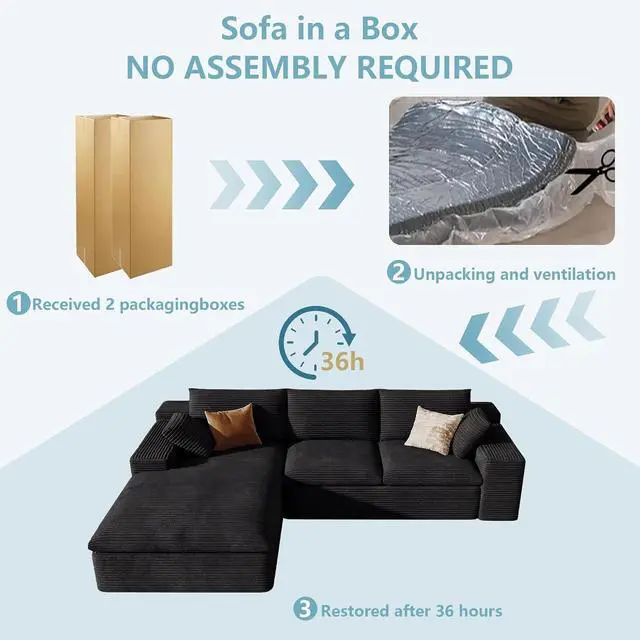 Alt view image 7 of 7 - 107" Cloud Sectional Couch with L-Shape Chaise, Modern Corduroy Viral Boneless Sofa for Living Room,Memory Foam Couches in a Box with Deep Seat,No Assembly Required (Black,Left-Facing Chaise)