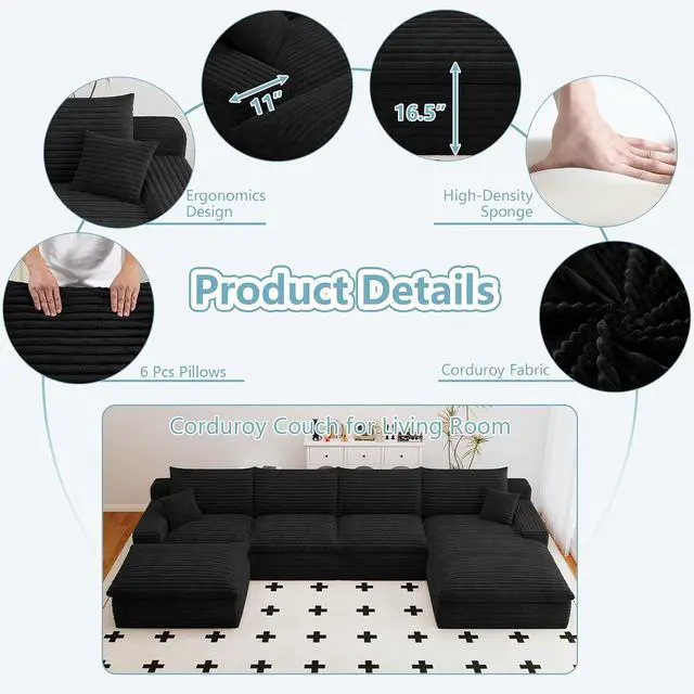 Alt view image 3 of 7 - 136" Cloud Sectional Couch with U-Shaped Chaise,Corduroy Viral Boneless Sofa with Ottoman,Memory Foam Couches in a Box with Deep Seat for Living Room,No Assembly Required (Black,Right-Facing Chaise)