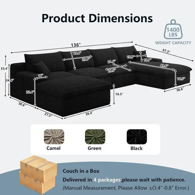 Alt view image 2 of 7 - 136" Cloud Sectional Couch with U-Shaped Chaise,Corduroy Viral Boneless Sofa with Ottoman,Memory Foam Couches in a Box with Deep Seat for Living Room,No Assembly Required (Black,Right-Facing Chaise)