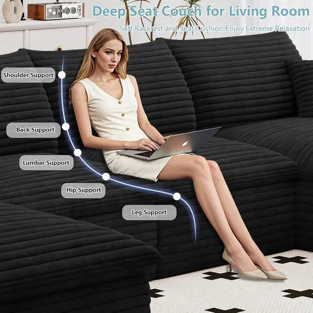 Alt view image 5 of 7 - 136" Cloud Sectional Couch with U-Shaped Chaise,Corduroy Viral Boneless Sofa with Ottoman,Memory Foam Couches in a Box with Deep Seat for Living Room,No Assembly Required (Black,Right-Facing Chaise)