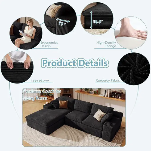 Alt view image 5 of 7 - 107" Cloud Sectional Couch with L-Shape Chaise, Modern Corduroy Viral Boneless Sofa for Living Room,Memory Foam Couches in a Box with Deep Seat,No Assembly Required (Black,Left-Facing Chaise)