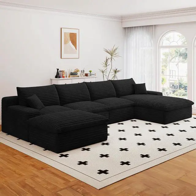 Alt view image 4 of 7 - 136" Cloud Sectional Couch with U-Shaped Chaise,Corduroy Viral Boneless Sofa with Ottoman,Memory Foam Couches in a Box with Deep Seat for Living Room,No Assembly Required (Black,Right-Facing Chaise)