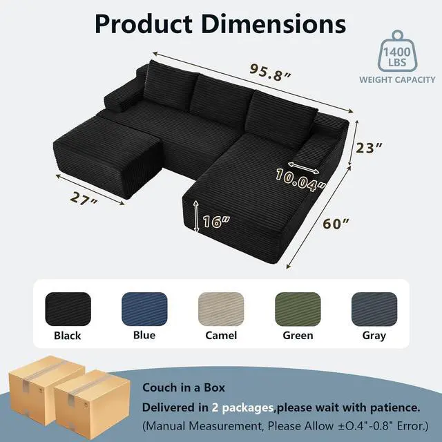 Alt view image 2 of 7 - 96" W Cloud Sectional Couch with Ottoman,Modern U-Shaped Cloud Couch with Side Pockets,Comfy Corduroy 3-Seater Sofa,Memory Foam Sofa for Living Room,No Assembly (Black,Right-Facing Chaise)