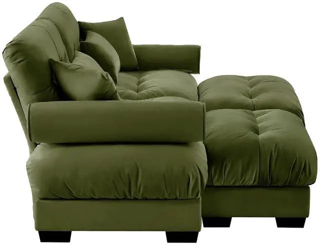 Alt view image 6 of 6 - 93.7" Oversized Loveseat Sofa with 2 Ottomans,Modern Velvet 2-Seat Couch with Waist & Throw Pillows,Upholstered Deep Seat Cloud Couch for Living Room,Bedroom(Olive Green,2 Seater with 2 Ottomans)