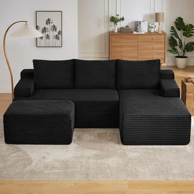 Alt view image 3 of 7 - 96" W Cloud Sectional Couch with Ottoman,Modern U-Shaped Cloud Couch with Side Pockets,Comfy Corduroy 3-Seater Sofa,Memory Foam Sofa for Living Room,No Assembly (Black,Right-Facing Chaise)