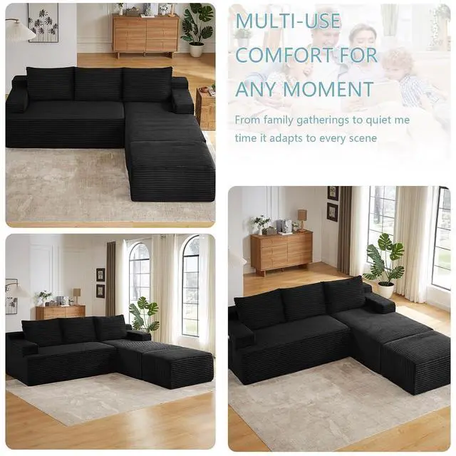 Alt view image 4 of 7 - 96" W Cloud Sectional Couch with Ottoman,Modern U-Shaped Cloud Couch with Side Pockets,Comfy Corduroy 3-Seater Sofa,Memory Foam Sofa for Living Room,No Assembly (Black,Right-Facing Chaise)