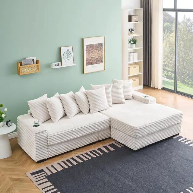 Main image of 111" W Modular Sectional Sofa with 8 Pillows, Comfy Corduroy Cloud Couch with Cup Holders & Storage, L-Shaped Modern 4-Seater Sofa for Living Room or Apartment(Beige, Reversible Chaise)
