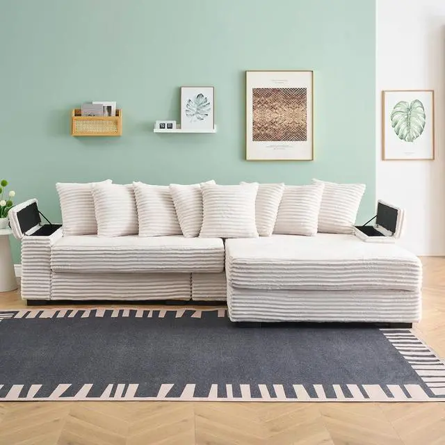 Alt view image 3 of 7 - 111" W Modular Sectional Sofa with 8 Pillows, Comfy Corduroy Cloud Couch with Cup Holders & Storage, L-Shaped Modern 4-Seater Sofa for Living Room or Apartment(Beige, Reversible Chaise)