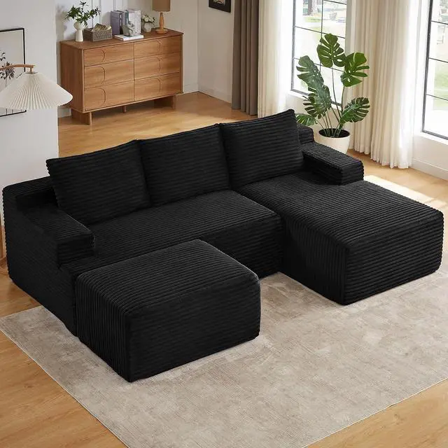 Main image of 96" W Cloud Sectional Couch with Ottoman,Modern U-Shaped Cloud Couch with Side Pockets,Comfy Corduroy 3-Seater Sofa,Memory Foam Sofa for Living Room,No Assembly (Black,Right-Facing Chaise)