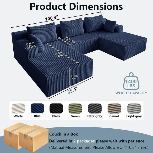 Alt view image 2 of 7 - 107" W Cloud Sectional Couch,Modern U-Shaped Cloud Couch with Deep Seat,Comfy Corduroy 3-Seater Sofa,Memory Foam Sofa for Living Room,No Assembly (Blue)