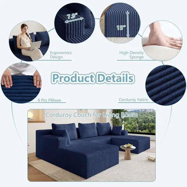 Alt view image 3 of 7 - 107" W Cloud Sectional Couch,Modern U-Shaped Cloud Couch with Deep Seat,Comfy Corduroy 3-Seater Sofa,Memory Foam Sofa for Living Room,No Assembly (Blue)