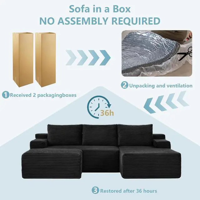 Alt view image 7 of 7 - 96" W Cloud Sectional Couch with Ottoman,Modern U-Shaped Cloud Couch with Side Pockets,Comfy Corduroy 3-Seater Sofa,Memory Foam Sofa for Living Room,No Assembly (Black,Right-Facing Chaise)