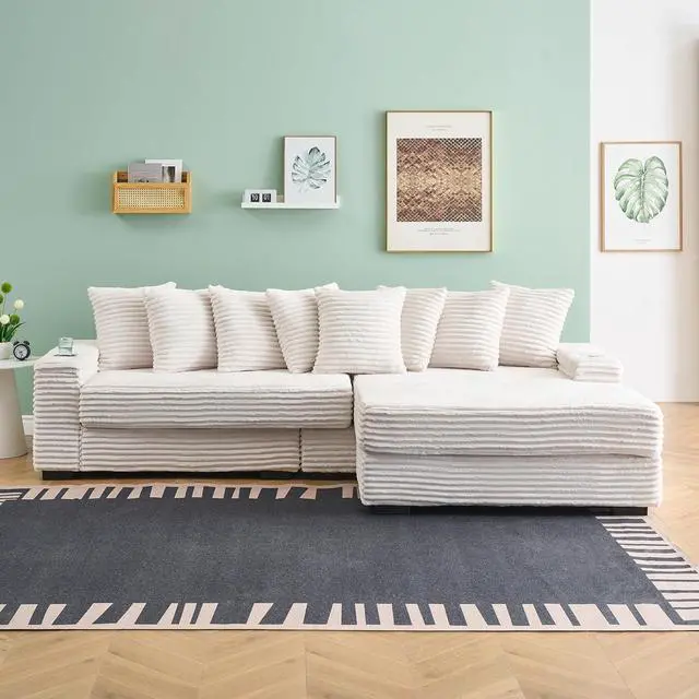 Alt view image 6 of 7 - 111" W Modular Sectional Sofa with 8 Pillows, Comfy Corduroy Cloud Couch with Cup Holders & Storage, L-Shaped Modern 4-Seater Sofa for Living Room or Apartment(Beige, Reversible Chaise)