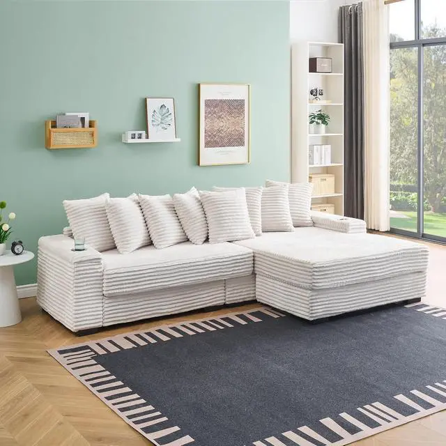 Alt view image 7 of 7 - 111" W Modular Sectional Sofa with 8 Pillows, Comfy Corduroy Cloud Couch with Cup Holders & Storage, L-Shaped Modern 4-Seater Sofa for Living Room or Apartment(Beige, Reversible Chaise)