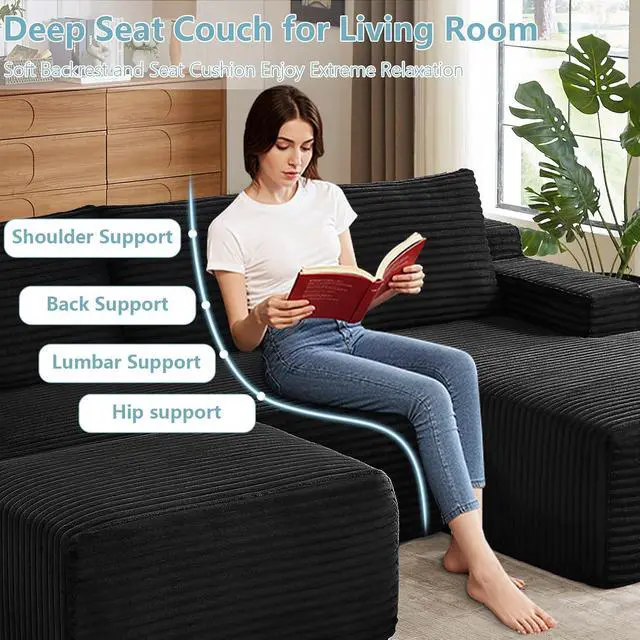 Alt view image 6 of 7 - 96" W Cloud Sectional Couch with Ottoman,Modern U-Shaped Cloud Couch with Side Pockets,Comfy Corduroy 3-Seater Sofa,Memory Foam Sofa for Living Room,No Assembly (Black,Right-Facing Chaise)