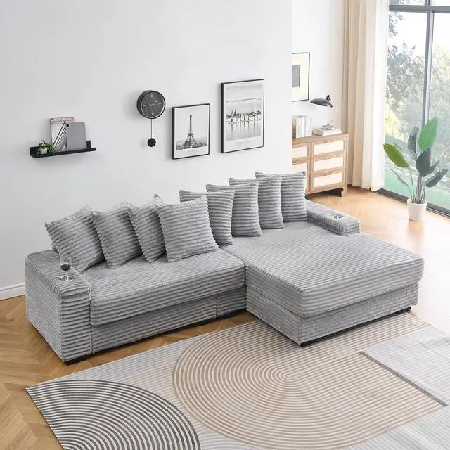 Main image of 111" W Modular Sectional Sofa with 8 Pillows, Comfy Corduroy Cloud Couch with Cup Holders & Storage, L-Shaped Modern 4-Seater Sofa for Living Room or Apartment(Grey, Reversible Chaise)