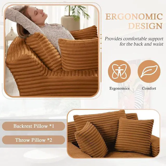 Alt view image 4 of 6 - 49.2"Oversized Chaise Lounge Chair Indoor,Corduroy Boneless Reading Chair with 3 Pillows,Deep Seat Cloud Sofa Bed,Comfy Modern Sleeper Chairs in Box for Living Room Bedroom,No Assembly(Orange)