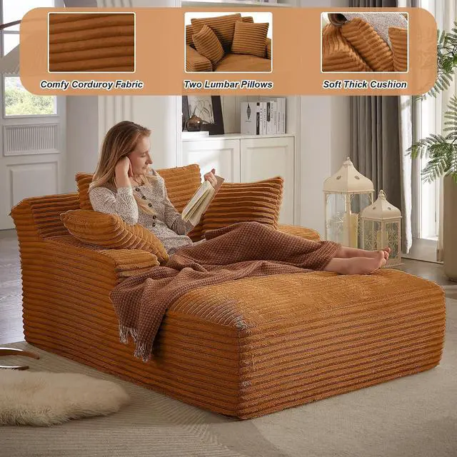 Alt view image 3 of 6 - 49.2"Oversized Chaise Lounge Chair Indoor,Corduroy Boneless Reading Chair with 3 Pillows,Deep Seat Cloud Sofa Bed,Comfy Modern Sleeper Chairs in Box for Living Room Bedroom,No Assembly(Orange)