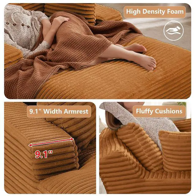 Alt view image 5 of 6 - 49.2"Oversized Chaise Lounge Chair Indoor,Corduroy Boneless Reading Chair with 3 Pillows,Deep Seat Cloud Sofa Bed,Comfy Modern Sleeper Chairs in Box for Living Room Bedroom,No Assembly(Orange)