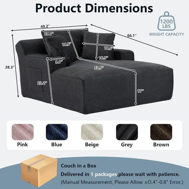 Alt view image 2 of 7 - 49.2" Oversized Chaise Lounge Chair Indoor,Faux Fur Boneless Reading Chair with Cup Holder&Side Pockets,Cloud Sofa Bed,Comfy Modern Sleeper Chairs in Box for Living Room,No Assembly(Dark Grey)