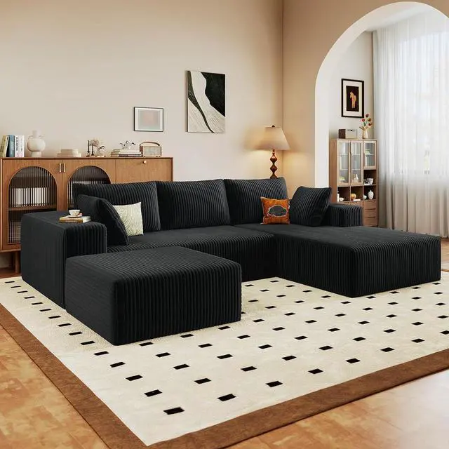 Alt view image 7 of 7 - 96" U Shaped Cloud Sectional Couch with Fluffy Corduroy, Deep Memory Foam Seats Sofa with 1 Ottoman for Living Room, No Assembly Required(Black,Right-Facing Chaise)