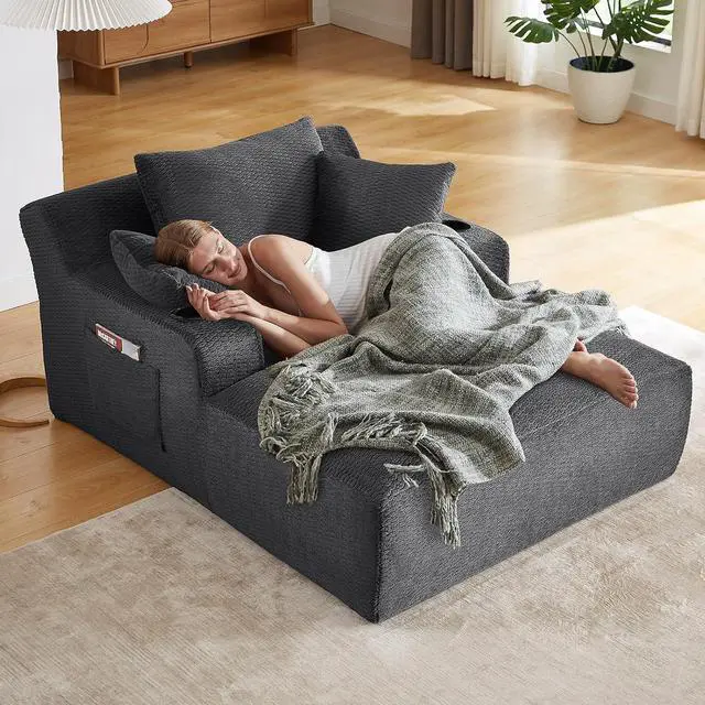 Main image of 49.2" Oversized Chaise Lounge Chair Indoor,Faux Fur Boneless Reading Chair with Cup Holder&Side Pockets,Cloud Sofa Bed,Comfy Modern Sleeper Chairs in Box for Living Room,No Assembly(Dark Grey)