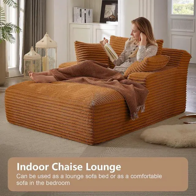 Alt view image 6 of 6 - 49.2"Oversized Chaise Lounge Chair Indoor,Corduroy Boneless Reading Chair with 3 Pillows,Deep Seat Cloud Sofa Bed,Comfy Modern Sleeper Chairs in Box for Living Room Bedroom,No Assembly(Orange)