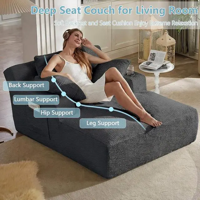 Alt view image 3 of 7 - 49.2" Oversized Chaise Lounge Chair Indoor,Faux Fur Boneless Reading Chair with Cup Holder&Side Pockets,Cloud Sofa Bed,Comfy Modern Sleeper Chairs in Box for Living Room,No Assembly(Dark Grey)