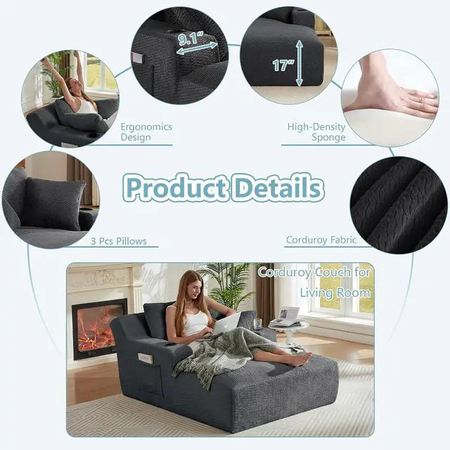 Alt view image 4 of 7 - 49.2" Oversized Chaise Lounge Chair Indoor,Faux Fur Boneless Reading Chair with Cup Holder&Side Pockets,Cloud Sofa Bed,Comfy Modern Sleeper Chairs in Box for Living Room,No Assembly(Dark Grey)