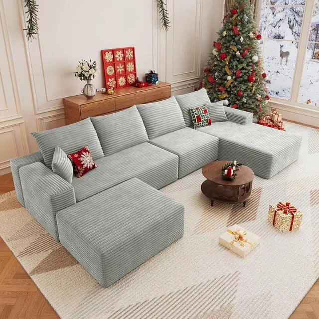 Main image of 136" U Shaped Cloud Sectional Couch with Fluffy Corduroy, Deep Memory Foam Seats Sofa with 1 Ottoman for Living Room, No Assembly Required(Grey,Right-Facing Chaise)