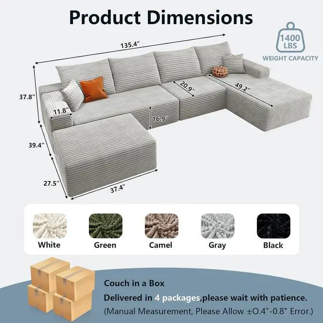 Alt view image 3 of 7 - 136" U Shaped Cloud Sectional Couch with Fluffy Corduroy, Deep Memory Foam Seats Sofa with 1 Ottoman for Living Room, No Assembly Required(Grey,Right-Facing Chaise)