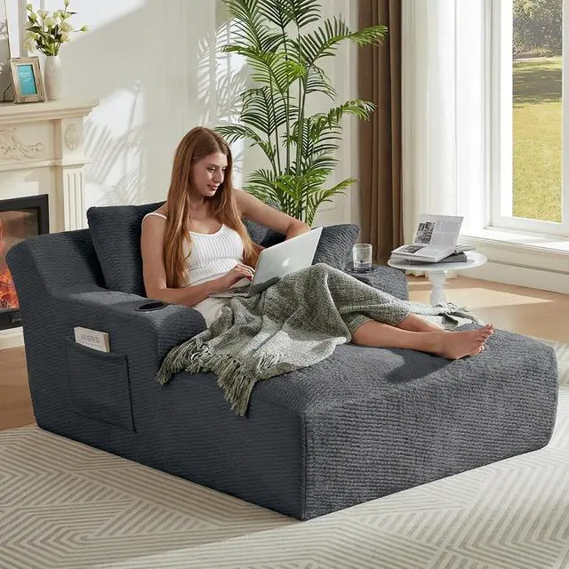 Alt view image 6 of 7 - 49.2" Oversized Chaise Lounge Chair Indoor,Faux Fur Boneless Reading Chair with Cup Holder&Side Pockets,Cloud Sofa Bed,Comfy Modern Sleeper Chairs in Box for Living Room,No Assembly(Dark Grey)