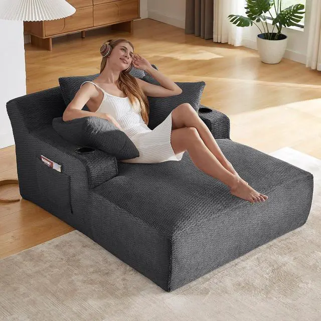 Alt view image 5 of 7 - 49.2" Oversized Chaise Lounge Chair Indoor,Faux Fur Boneless Reading Chair with Cup Holder&Side Pockets,Cloud Sofa Bed,Comfy Modern Sleeper Chairs in Box for Living Room,No Assembly(Dark Grey)