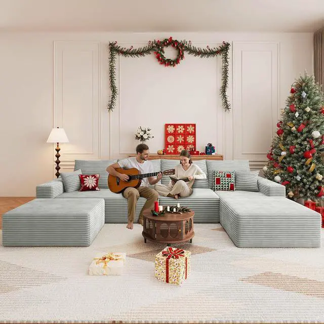 Alt view image 2 of 7 - 136" U Shaped Cloud Sectional Couch with Fluffy Corduroy, Deep Memory Foam Seats Sofa with 1 Ottoman for Living Room, No Assembly Required(Grey,Right-Facing Chaise)