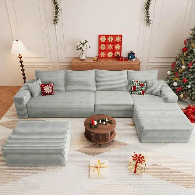 Alt view image 5 of 7 - 136" U Shaped Cloud Sectional Couch with Fluffy Corduroy, Deep Memory Foam Seats Sofa with 1 Ottoman for Living Room, No Assembly Required(Grey,Right-Facing Chaise)