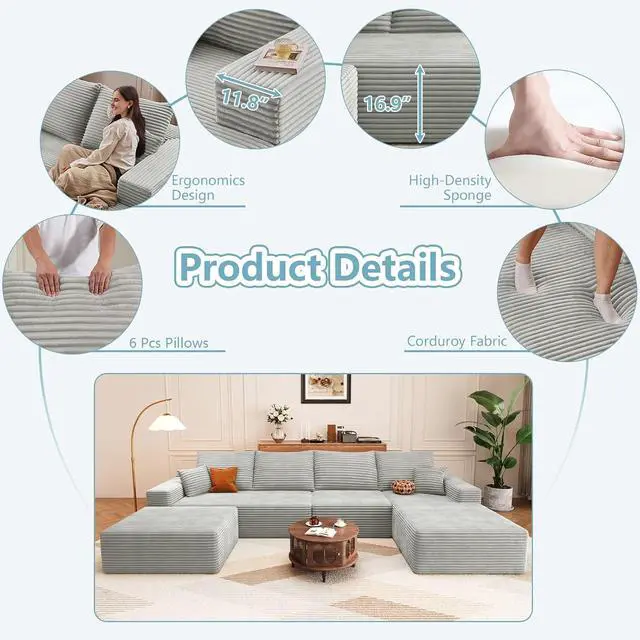 Alt view image 4 of 7 - 136" U Shaped Cloud Sectional Couch with Fluffy Corduroy, Deep Memory Foam Seats Sofa with 1 Ottoman for Living Room, No Assembly Required(Grey,Right-Facing Chaise)