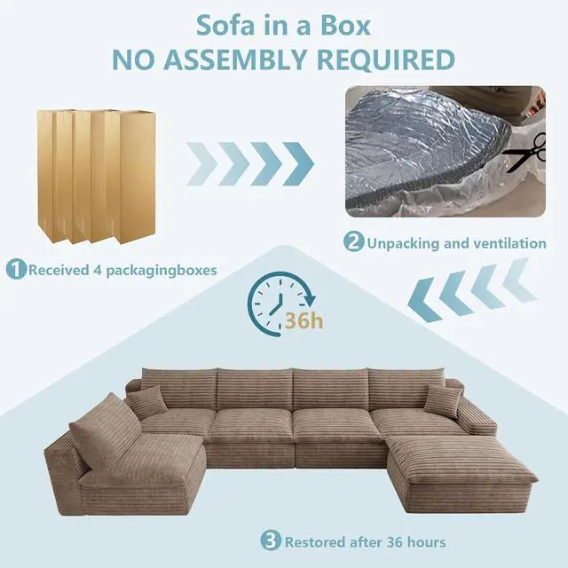 Alt view image 6 of 7 - 136" Cloud Sectional Couch with U-Shaped Chaise,5-Seater Corduroy Viral Boneless Sofa with Ottoman,Memory Foam Couches in a Box with Deep Seat for Living Room,No Assembly Required, Camel