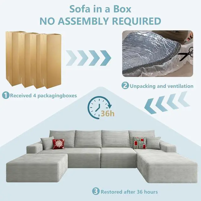 Alt view image 7 of 7 - 136" U Shaped Cloud Sectional Couch with Fluffy Corduroy, Deep Memory Foam Seats Sofa with 1 Ottoman for Living Room, No Assembly Required(Grey,Right-Facing Chaise)